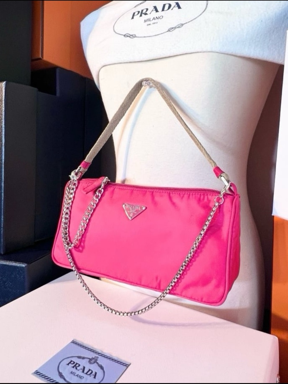 Prada⭐️🌸Hot Pink Nylon Shoulder Bag with Silver Chain!⭐️Offers always welcome! - Picture 3 of 9